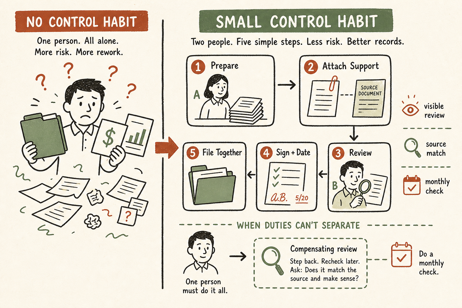 An infographic comparing a weak process, where one person handles everything without documentation, to a stronger small-office process with five steps: prepare, attach support, review, sign and date, and file together, plus a compensating review when duties can't be separated.