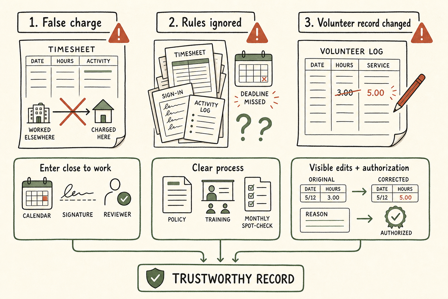 An infographic with three columns showing OIG timekeeping fraud patterns and the controls for each: false charging stopped by entering time close to the work, ignoring rules stopped by a clear written process, and unauthorized volunteer record changes stopped by visible edits and authorization. All three controls feed into a final box labeled trustworthy record.
